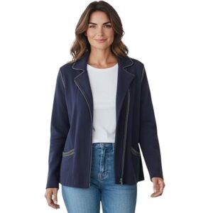 NWT Chico's Navy Blue Blazer Size XL Chico’s 3 Zip Front 100% Cotton Jacket